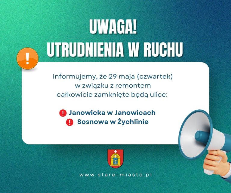 Utrudnienia drogowe w gminie Stare Miasto – zamknięte ulice w Janowicach i Żychlinie