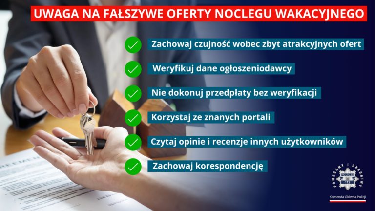 Uwaga na fałszywe oferty wakacyjnych noclegów. Policja ostrzega przed oszustami