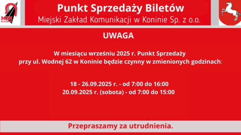 PUNKT SPRZEDAŻY BILETÓW MZK W KONINIE ZE ZMIANAMI W GODZINACH OTWARCIA