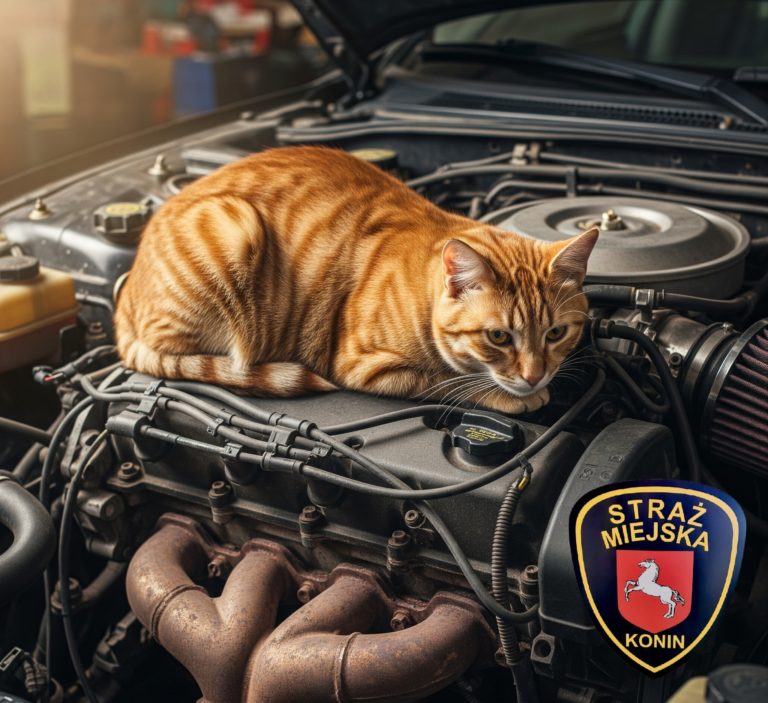 Straż Miejska w Koninie apeluje do kierowców o ostrożność – koty chowają się pod maskami aut