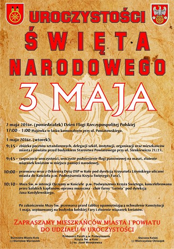 Uroczystości Święta Narodowego 3 Maja, 02.-03.05.2016w Kole