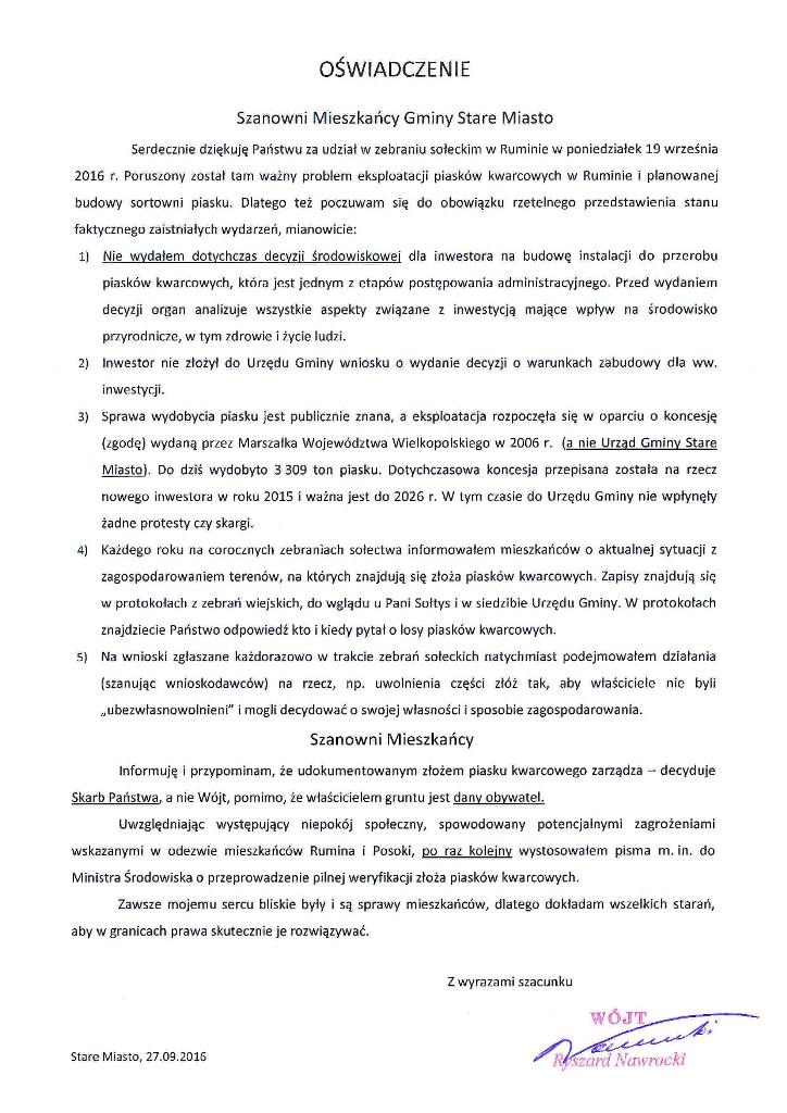 Oświadczenie Wójta Gminy Stare Miasto