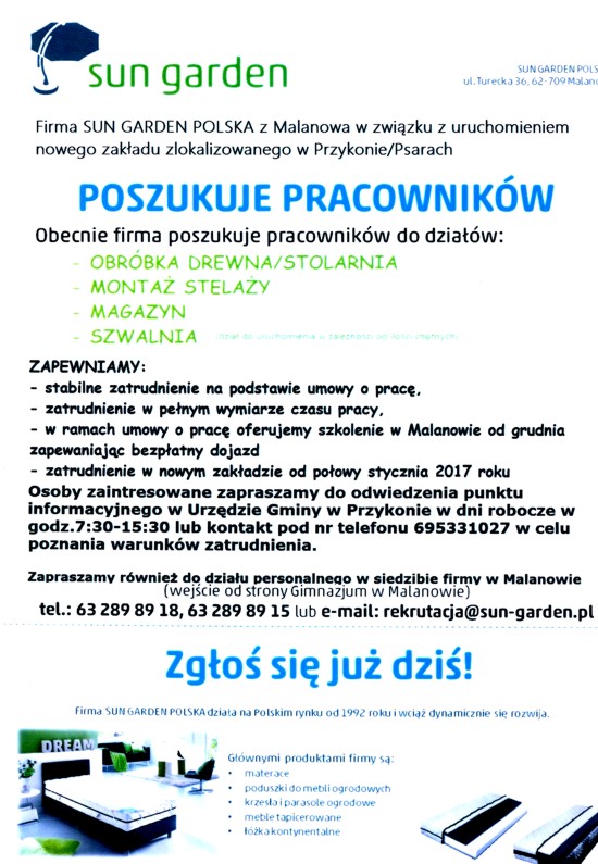 Firma SUN Garden zatrudni pracowników