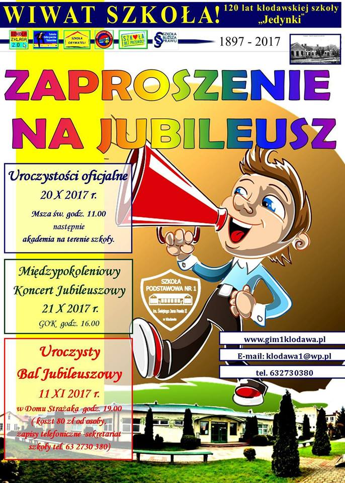 Zaproszenie na jubileusz Szkoły Podstawowej Nr 1 w Kłodawie