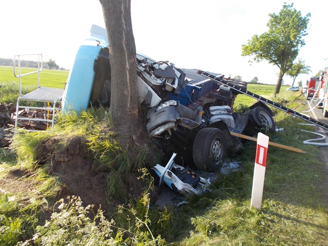 Samochód ciężarowy w miejscowości Siąszyce uderzył w drzewo