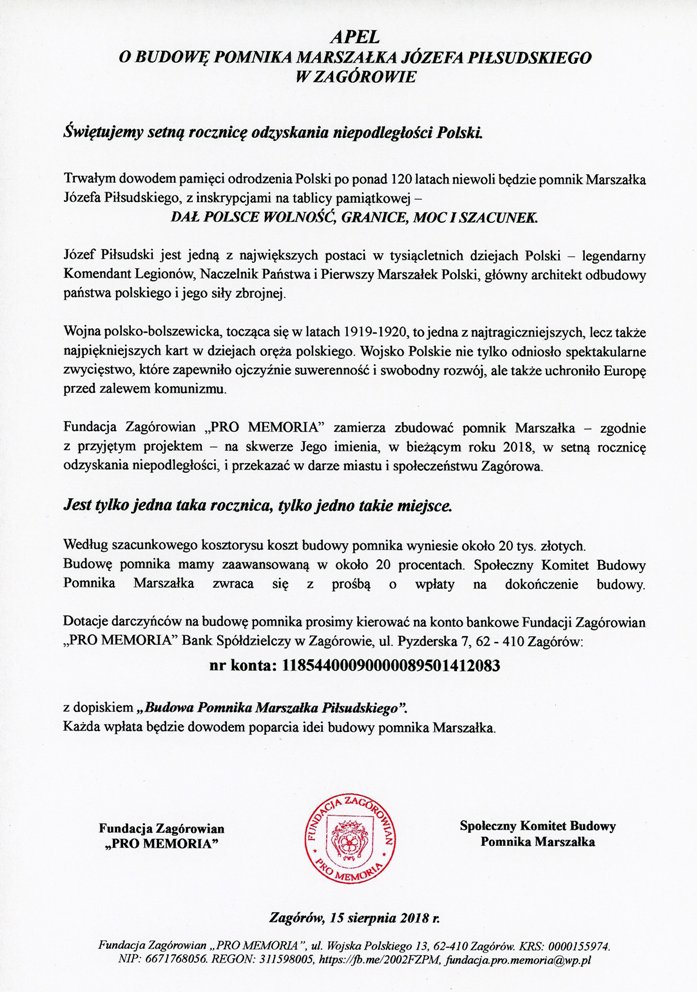 Wraca sprawa Pomnika Marszałka w Zagórowie