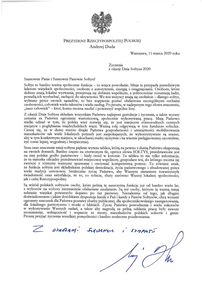 Życzenia dla Sołtysów od Prezydenta Rzeczypospolitej Polskiej Andrzeja Dudy