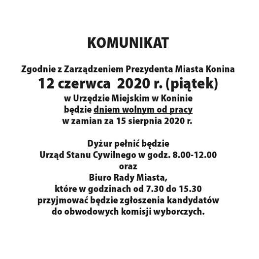 Komunikat Urzędu Miejskiego w Koninie