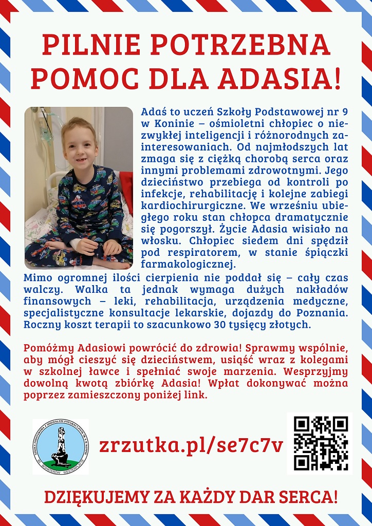 Apel społeczności SP9 w Koninie – PILNIE potrzebna pomoc dla Adasia